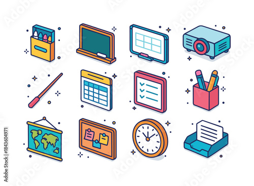 Classroom Icon Set. Classroom materials. Colorful isometric vect