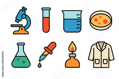 Colorful science icons: microscope, test tubes, beaker, petri dish, dropper, bunsen burner, lab coat