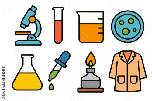 Colorful laboratory icons featuring microscope beaker test tube bunsen burner