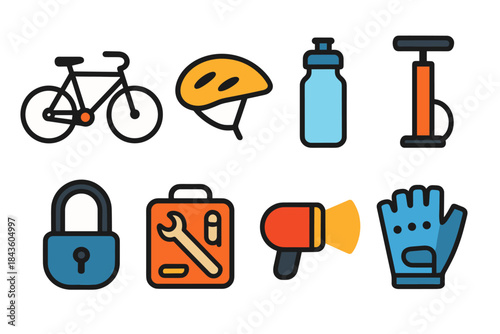 Cycling gear icons: bike, helmet, water bottle, pump, lock, toolkit, light, gloves