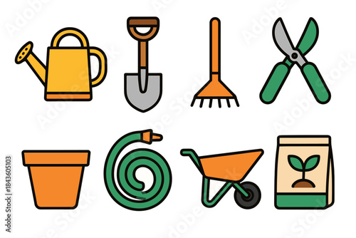 Colorful gardening tools set: watering can, shovel, rake, shears, hose, wheelbarrow, pot, seed packet