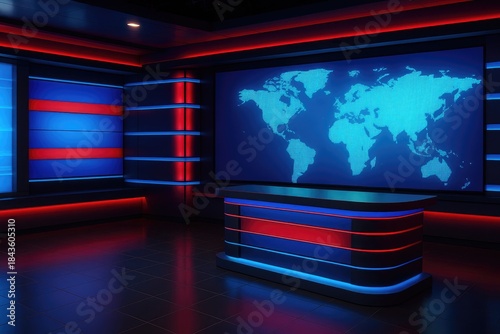 Futuristic broadcast studio set with illuminated world map, news desk, and red lighting. studio.