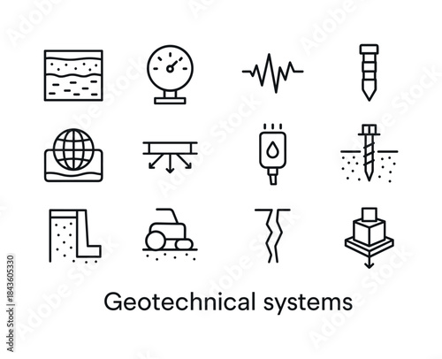 Geotechnical Line Icons. Geotechnical Systems. Line icon set of