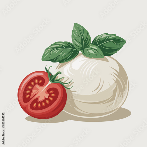 A delicious illustration featuring fresh mozzarella cheese paired with ripe tomato and basil leaves, representing culinary art and the beauty of fresh ingredients.