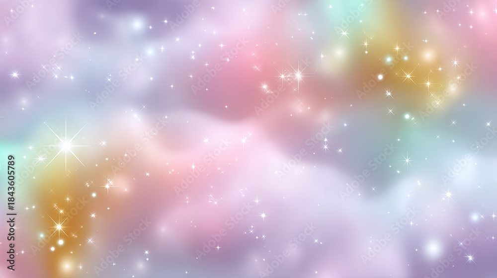Fototapeta premium Soft pastel cosmic background with shimmering stars and ethereal clouds in shades of pink, purple, and gold for dreamy art and design projects