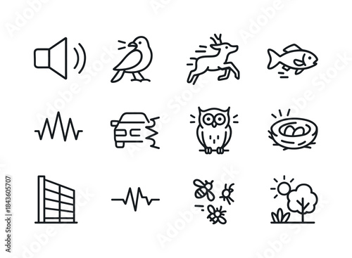 Wildlife Noise Pollution Icons. Noise pollution
