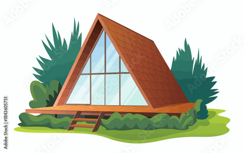 A cozy A-frame cabin set against a backdrop of dense greenery, symbolizing the allure of nature and rustic living with modern aesthetics for outdoor enthusiasts.