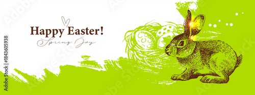 Cute Easter vintage hand drawn poster with cute bunny and egg nest. Greeting card and invitation design. Retro sketch vector illustration