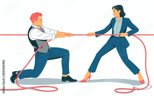 This illustration captures a dynamic tug-of-war between two business professionals, symbolizing competition, resilience, and determination in the corporate world.