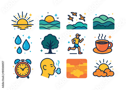Early Sunrise Icons. Early sunrise. Colorful isometric vector ic