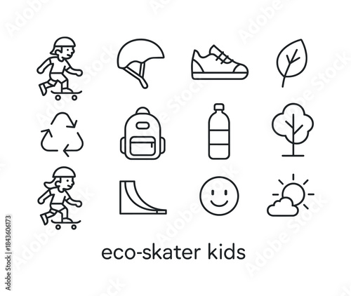 Eco-Skater Icon Set. Eco-skater kids. Line icon set of eco-skate