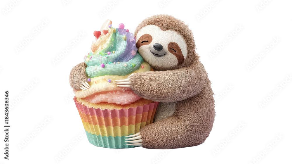 Naklejka premium cute carttoon sloth hanging colorful cupcake with rainbow decoration adorable playful illustration isolated on white background