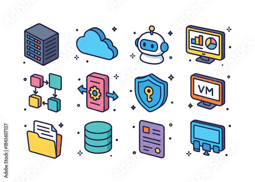 Colorful Tech Icons. Enterprise technology tools. Colorful isome