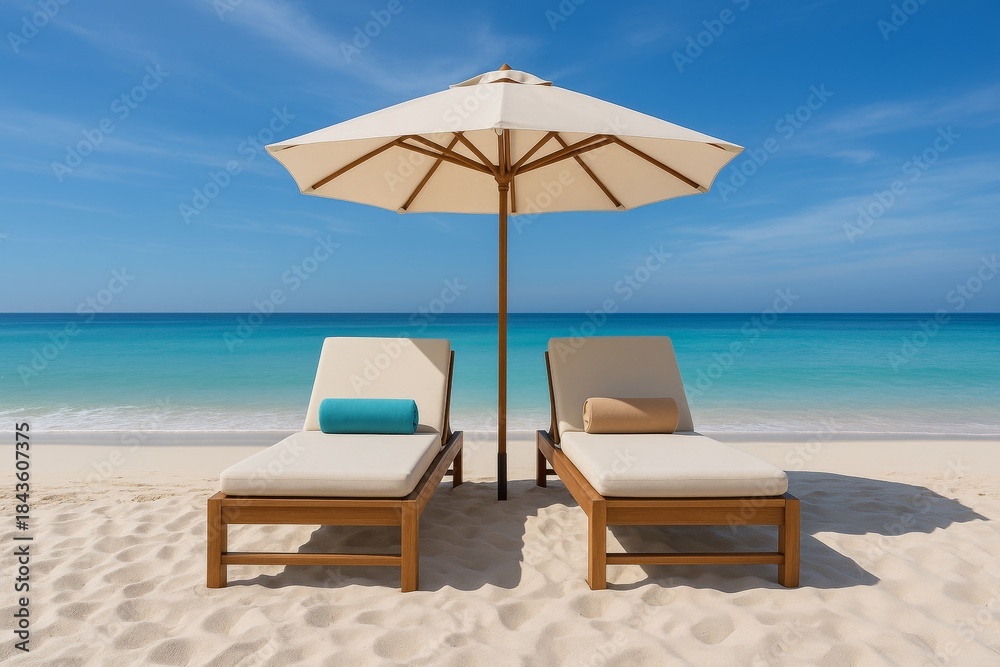 Obraz premium Two wooden lounge chairs with cushions and towels under a large white beach umbrella on a tropical sandy shore with turquoise sea and blue sky. Ai generative