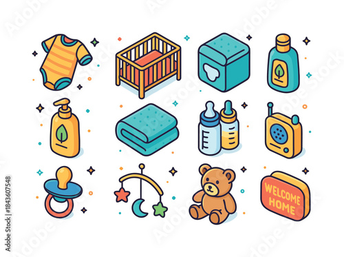 Baby Essentials Icons. baby preparation. Colorful isometric vect
