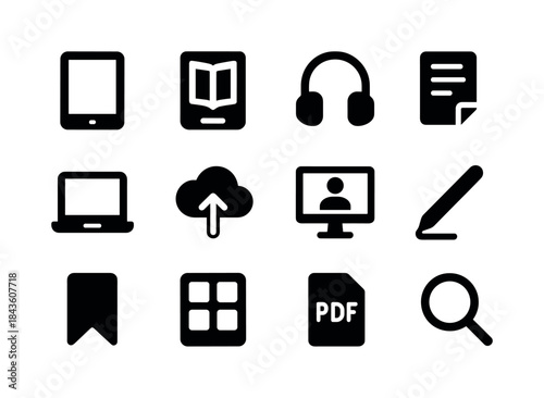 Digital Study Icons. Digital study materials. Solid icon set of
