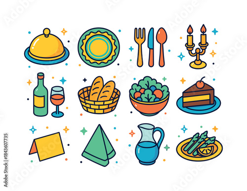 Colorful Dinner Icons. Dinner Party. Colorful isometric vector i