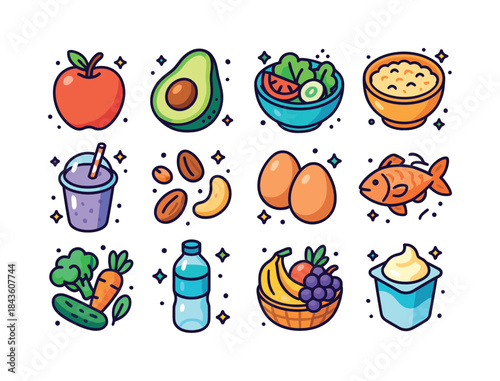 Colorful Healthy Icons. Healthy Eating. Colorful isometric vecto