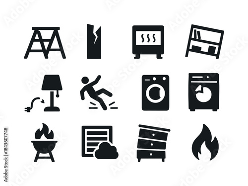 Household Hazard Icons. Household dangers. Solid icon set of hou