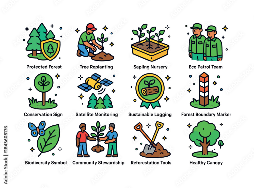 Fototapeta premium Deforestation Reduction Icons Set. Deforestation reduction. Colo