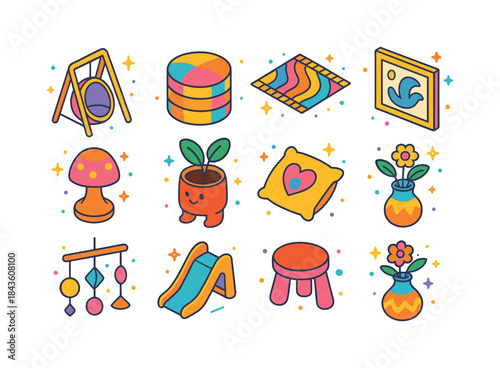 Playful Home Icons. Playful home design. Colorful isometric vect