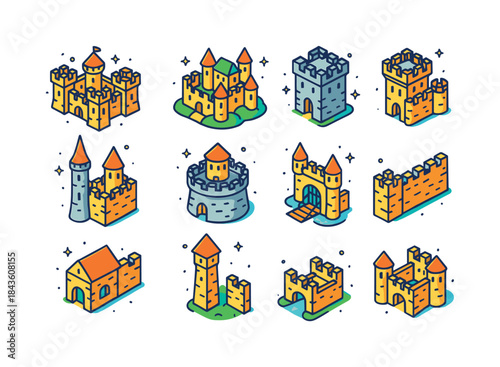 Colorful Isometric Castles Icons. Castles & Fortresses. Colorful