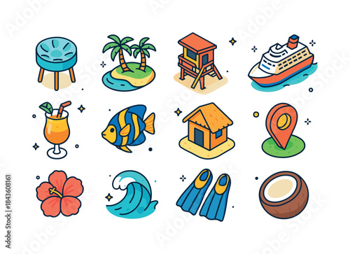 Caribbean Iconic Escape. Caribbean getaway. Colorful isometric v