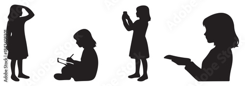 Four black silhouettes of young girls engaged in various activities: looking into the distance, drawing, holding a phone, and holding a book.