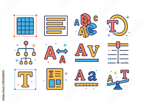 Colorful Typography Icons. Type composition. Colorful isometric