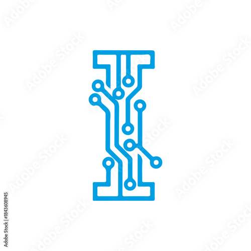 A vector icon of the letter 'I' designed with blue electronic circuit board lines, symbolizing information technology, intelligence, and digital integration. Ready in PNG, JPG, and editable EPS format