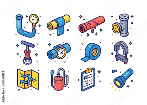 Pipe Maintenance Icons. Pipe Maintenance. Colorful isometric vec