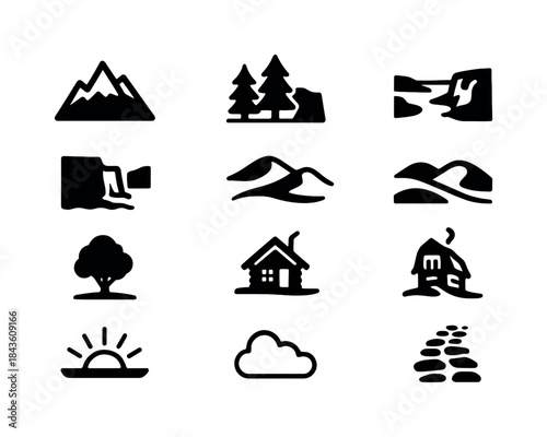 Landscape Icon Grid. Landscape sketching. Solid icon set of Land
