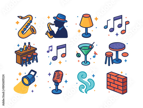 Colorful Jazz Icon Set. A jazz musician playing a saxophone in a