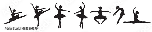 A collection of seven black silhouettes of ballet dancers in various graceful poses, showcasing different movements and positions.