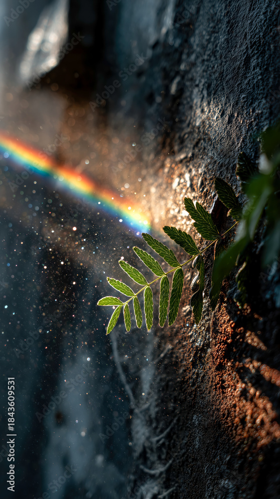 Fototapeta premium A fern growing out of a wall is bathed in sunlight, with a vibrant rainbow reflecting off the mist, creating a magical effect.