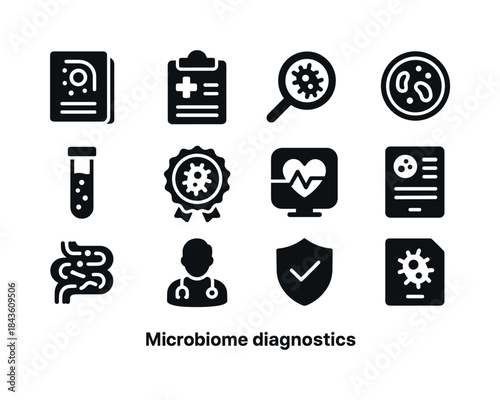 Microbiome Diagnostic Icons. Microbiome diagnostics. Solid icon