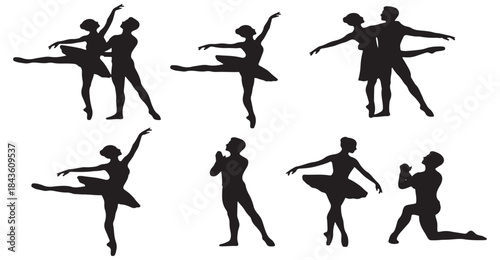 Collection of Silhouettes Depicting Various Ballet Poses and Movements Performed by Dancers.
