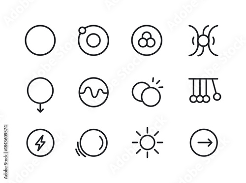 Physics Spheres Icons. Physics spheres. Line icon set of physics