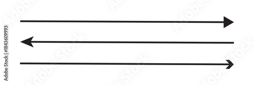 Horizontal long straight arrow signs. Black pointer, direction, position symbol and double arrow icon isolated on white background. Vector Illustration