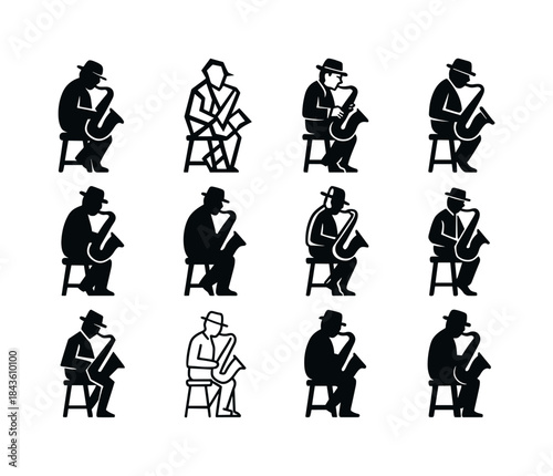 Jazz Saxophone Icon Set. a jazz musician playing a saxophone in