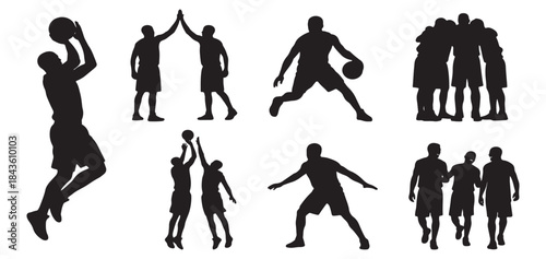 Collection of black silhouettes depicting various basketball players in action and team interactions on a white background.