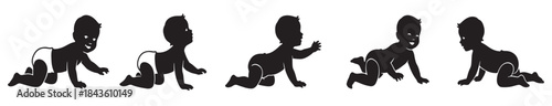 Five black silhouette illustrations of a baby crawling in different positions, some wearing diapers.
