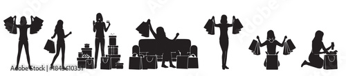 A collection of black silhouettes depicting women engaged in various shopping activities, from carrying bags to unpacking purchases, illustrating consumerism and retail.
