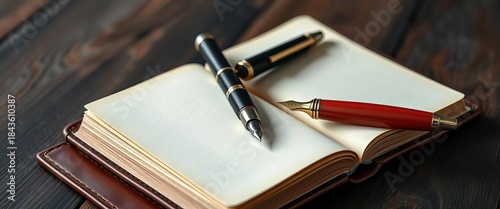 Elegant fountain pen rests on open leather journal, blank pages,   ideas,  vintage