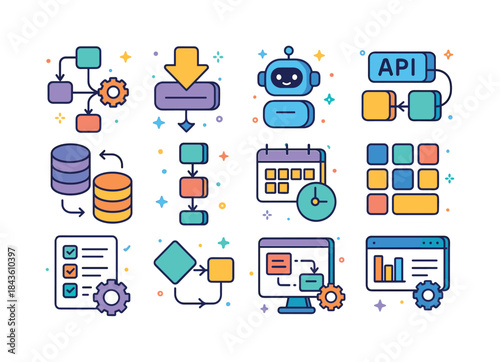 Colorful Workflow Icons. Workflow Automation. Colorful isometric