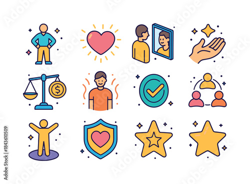 Colorful Self-Esteem Icons. Self-Esteem. Colorful isometric vect