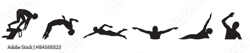A sequence of black silhouettes illustrating various swimming and diving actions, including a start, a dive, and different swimming strokes.