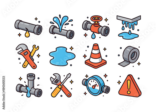 Pipe Burst Icons. Pipe Burst Emergency. Colorful isometric vecto