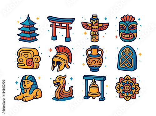 Cultural Iconography Grid. Cultural Symbols. Colorful isometric