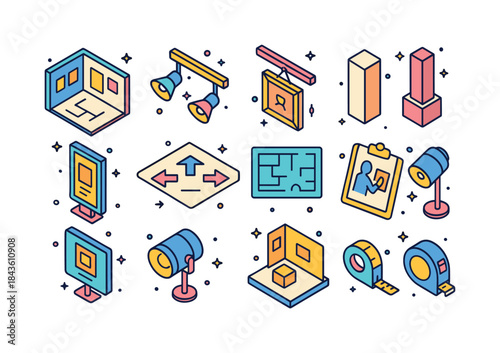 Colorful Isometric Exhibit Icons. Exhibition design. Colorful is